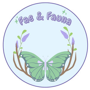 fae & fauna icon, a butterfly with antlers and lavender in a circle